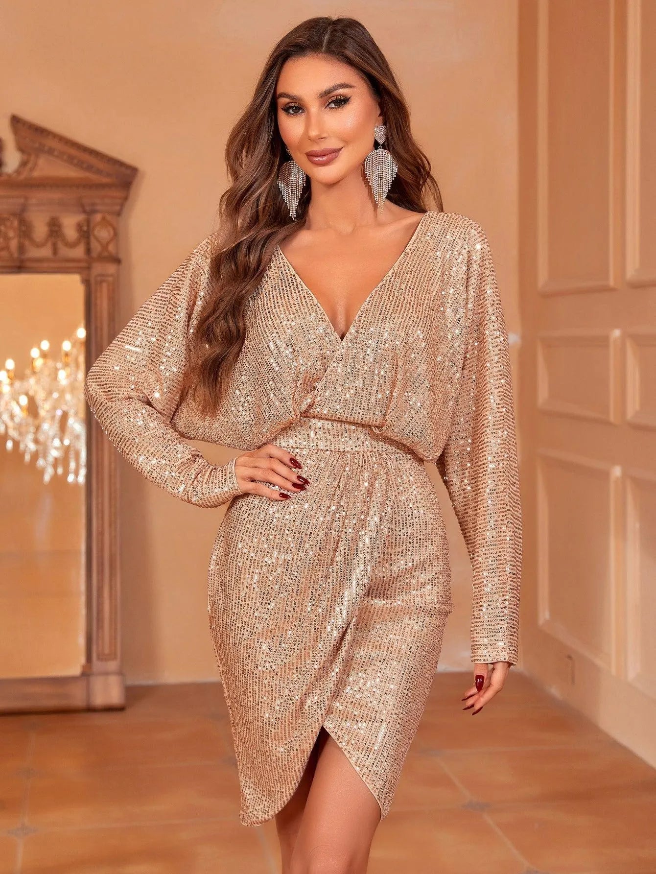 Surplice Neck Dolman Sleeves Sequin Party Dress - Elonnashop