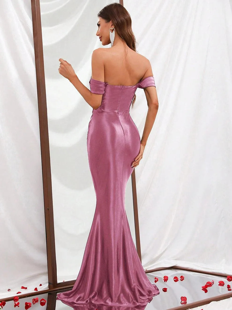 Off Shoulder Mermaid Hem Satin Prom Dress - Elonnashop