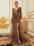 Elegant Mesh Insert Split Mermaid Hem Sequin Evening Dress