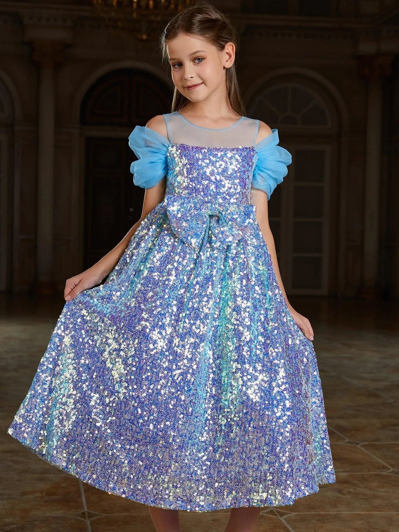 Tween Girls' Bow Front Sequin A Line Dress - Elonnashop