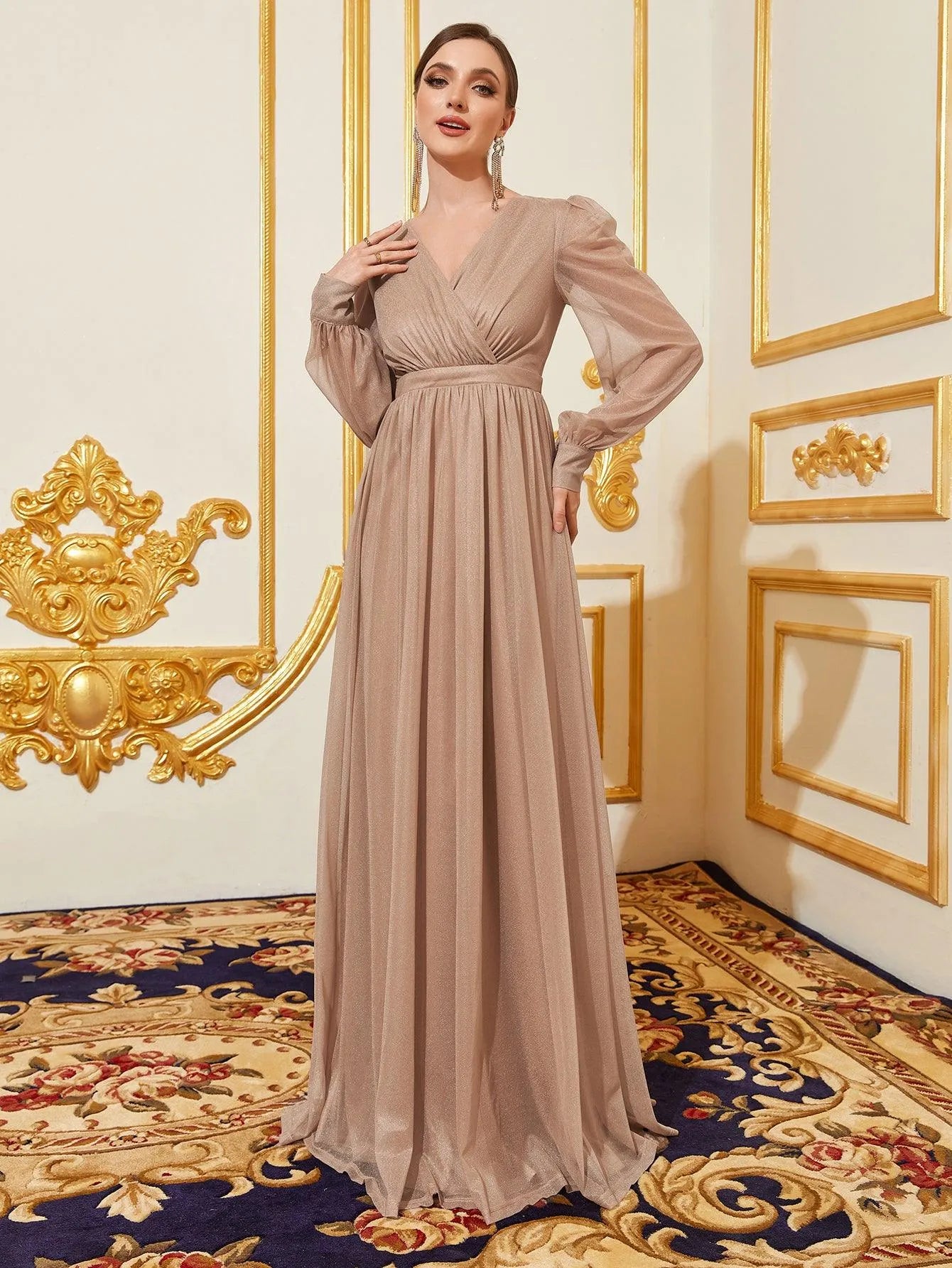 Elegant V Neck Lantern Sleeves Maxi A Line Dress - Elonnashop