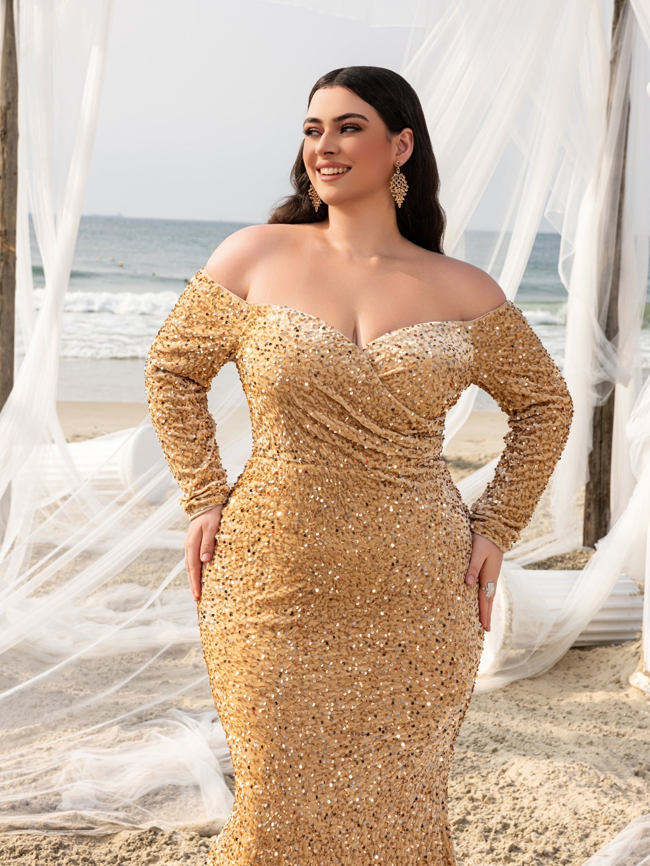 Plus Elegant Off Shoulder Lone Sleeves Mermaid Hem Sequin Evening Dress