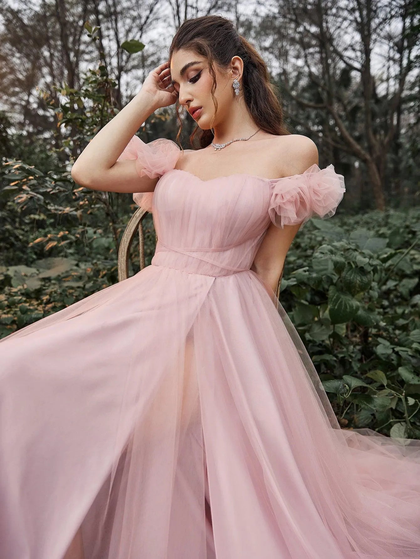 Elegant Off Shoulder Ruched Bust Split Thigh Tulle Evening Dress - Elonnashop