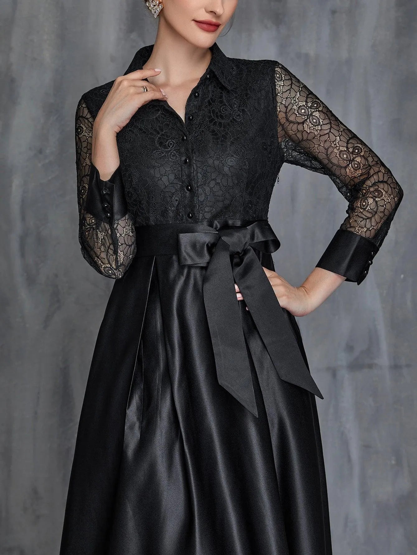 Womens' Shirt Collar Contrast Lace Satin Belted Dress - Elonnashop