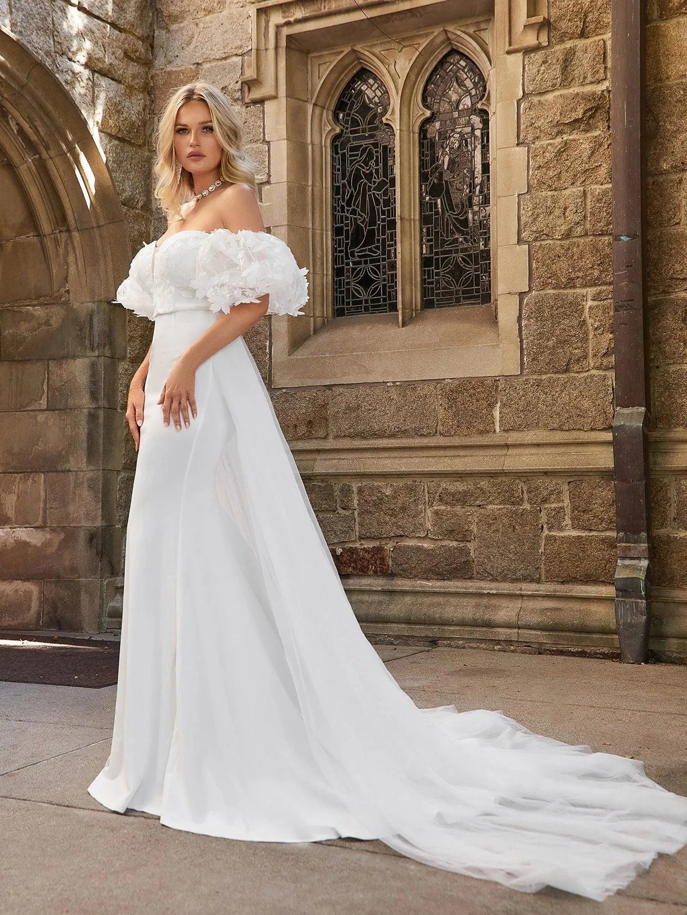 Off Shoulder Puff Sleeves Mesh Overlay Wedding Dress - Elonnashop