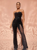 Chic Rhinestone Detail Sheer Mesh Contrast Sequin Tube Jumpsuit - Elonnashop