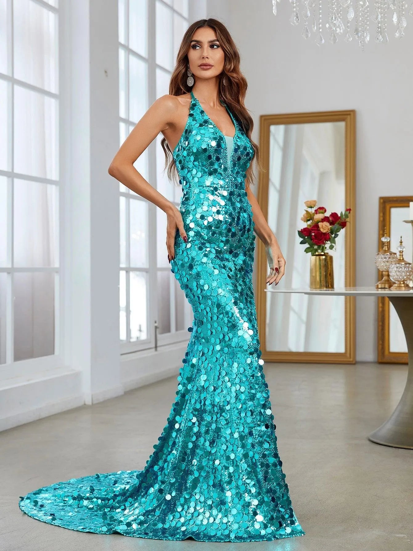 Halter Neck Split Thigh Sequin Mermaid Dress - Elonnashop