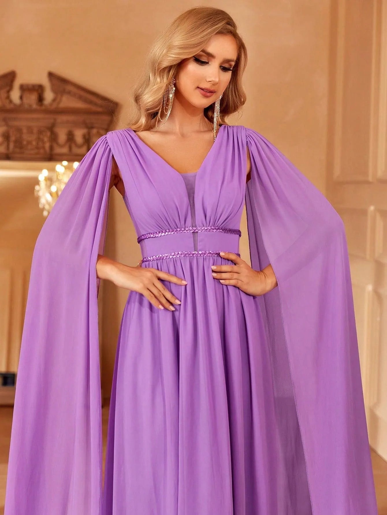 Plunging Neck Cloak Sleeve Chiffon A Line Dress - Elonnashop