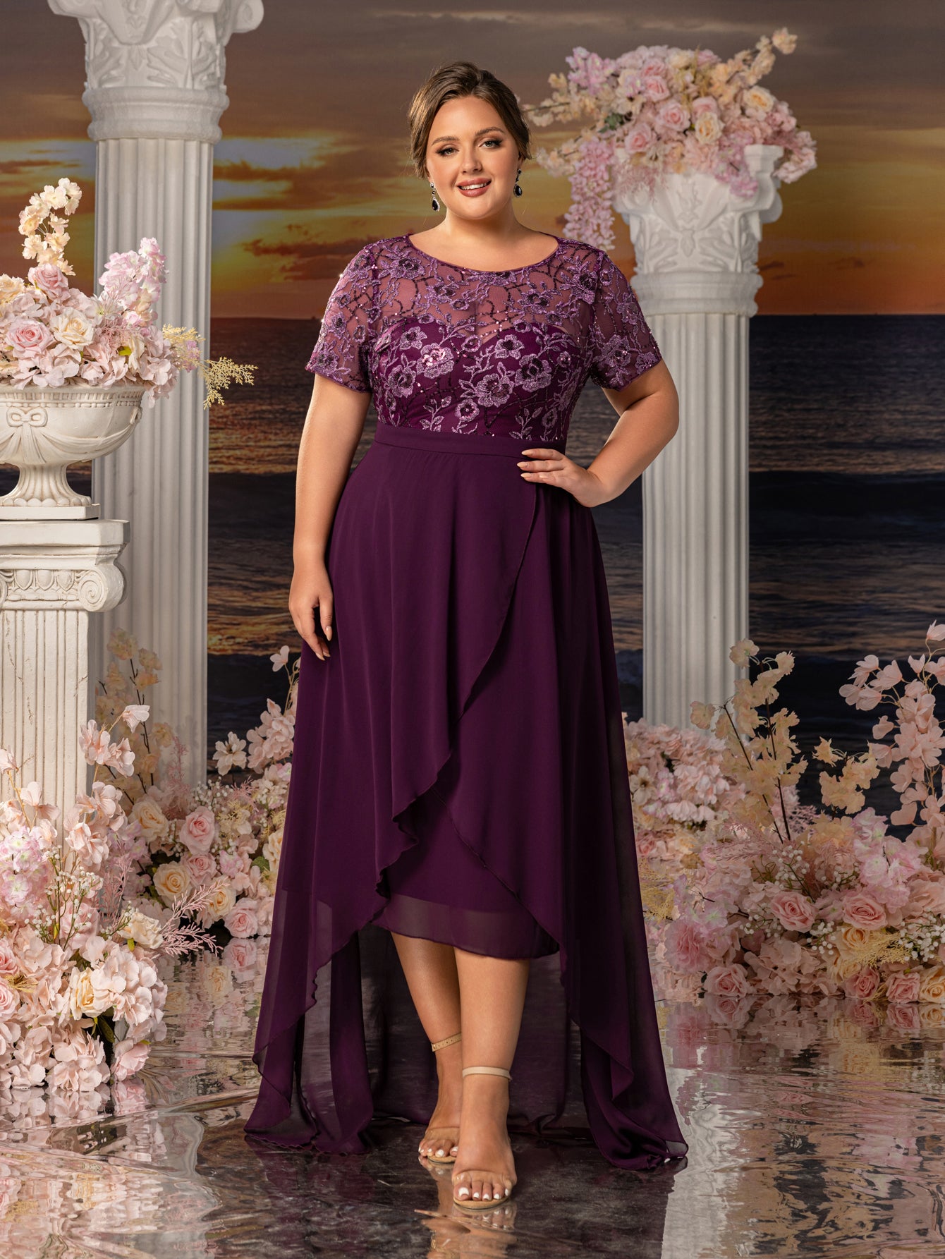 Plus Womens' Elegant Mother-of-the-Bride Gown: Embroidered Sequin Bodice with Asymmetric Chiffon Skirt – Formal Dress for Beach Weddings & Evening Galas