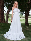 Floral Trim Layered Hem Mesh Tube Wedding Dress - Elonnashop