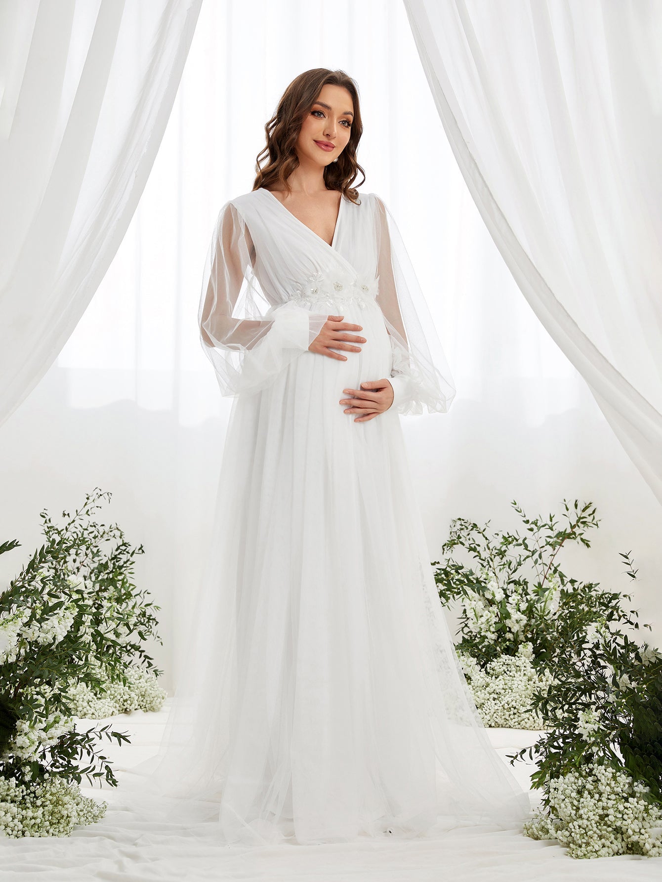 Maternity Applique Detail V Neck Lantern Sleeves Mesh Evening Dress