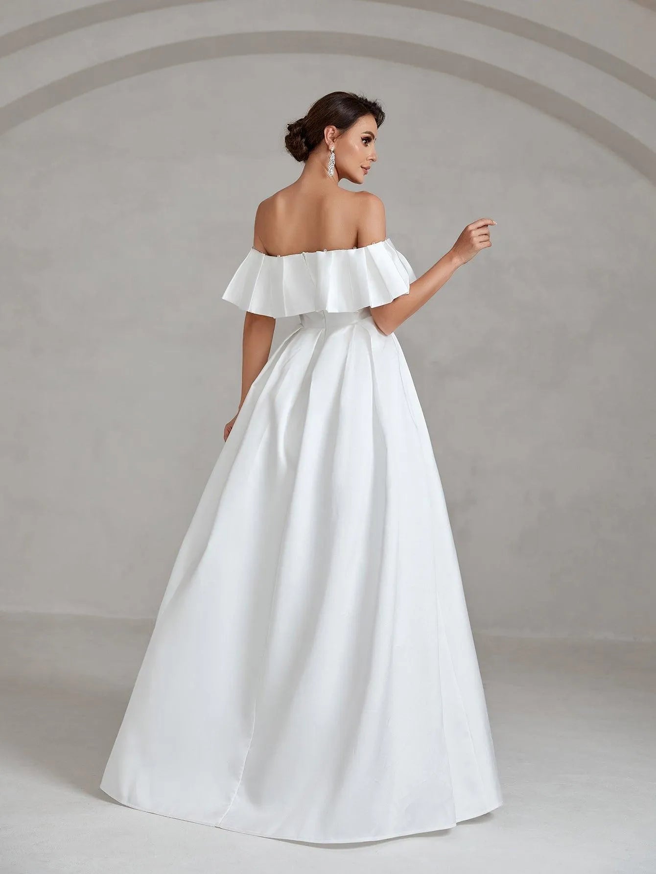 Ruffle Off Shoulder Pleated Hem Satin A Line Wedding Dress - Elonnashop