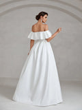 Ruffle Off Shoulder Pleated Hem Satin A Line Wedding Dress - Elonnashop