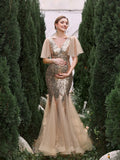 Maternity V Neck Butterfly Sleeves Sequin Mermaid Party Dress - Elonnashop