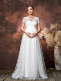 Maternity V Neck Short Sleeves Lace Bodice Contrast Tulle Formal Dress