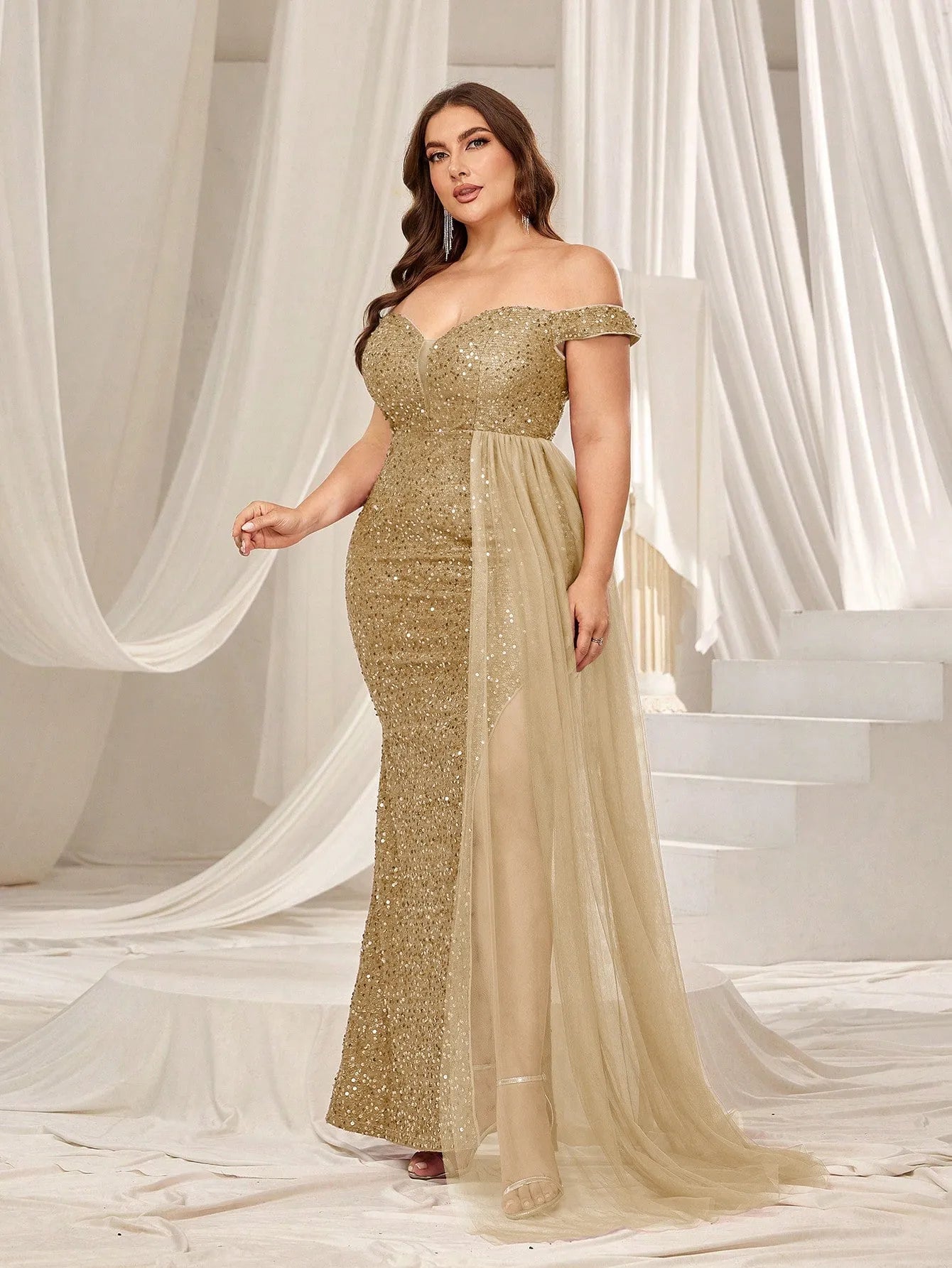 Plus Elegant Off Shoulder Split Thigh Sequin Formal Dress