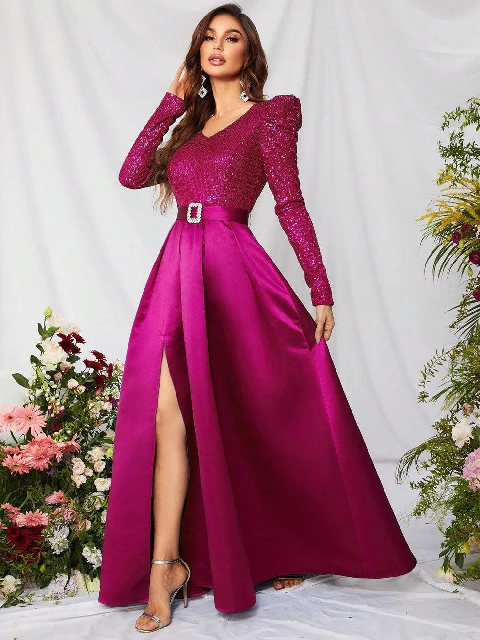 Elegant V Neck Gigot Sleeve Slit A Line Prom Dress - Elonnashop