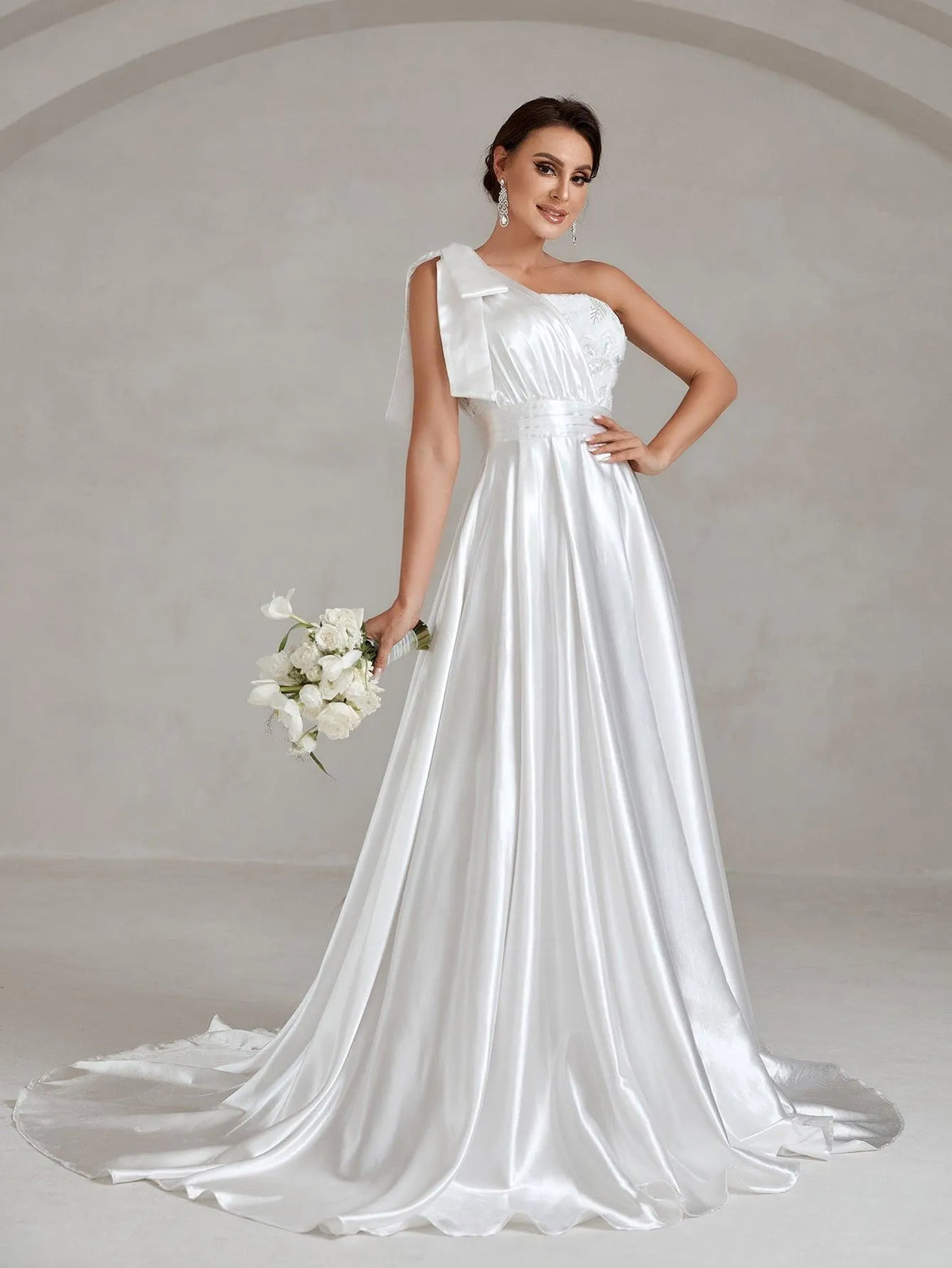 One Shoulde Floor Length Satin Wedding Dress - Elonnashop