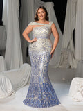 Plus Women's One-Shoulder Geometric Pattern Sequin Mermaid Gown | Illusion Back Evening Dress
