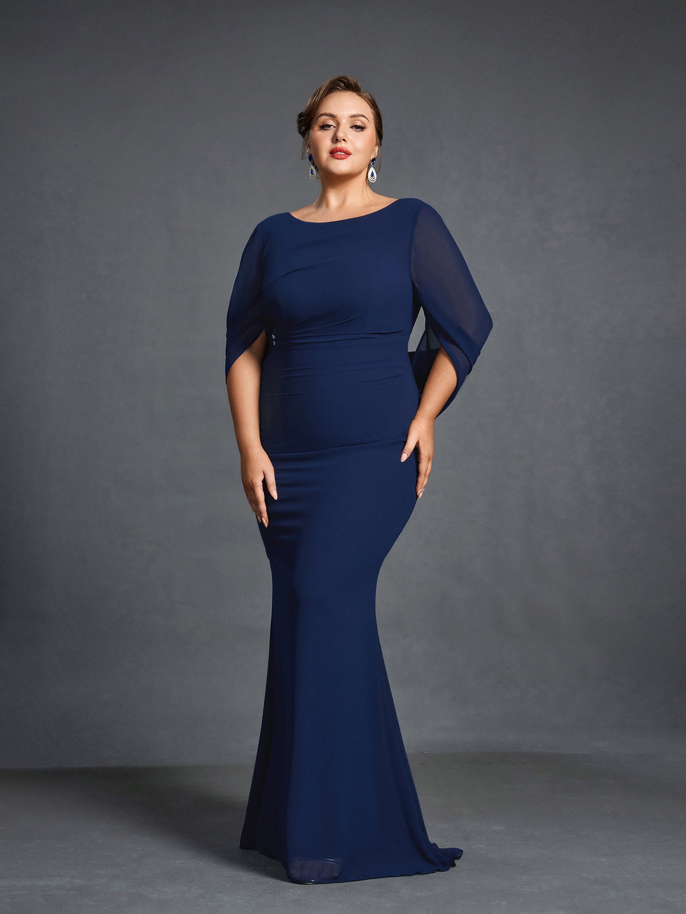Plus Womens' Draped Back Mermaid Hem Chiffon Formal Dress