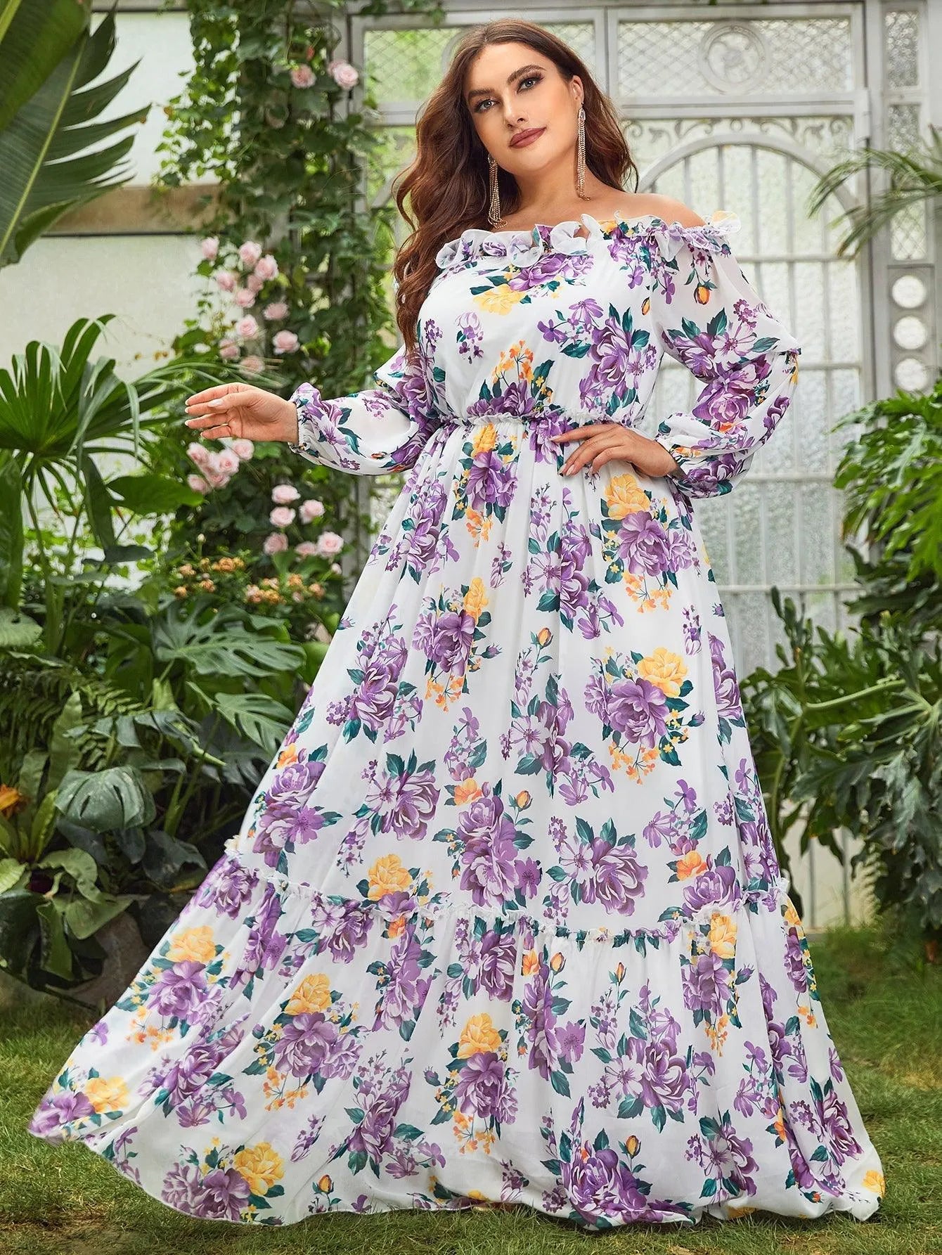 Plus Off Shoulder Long Sleeves Floral Chiffon Dress - Elonnashop