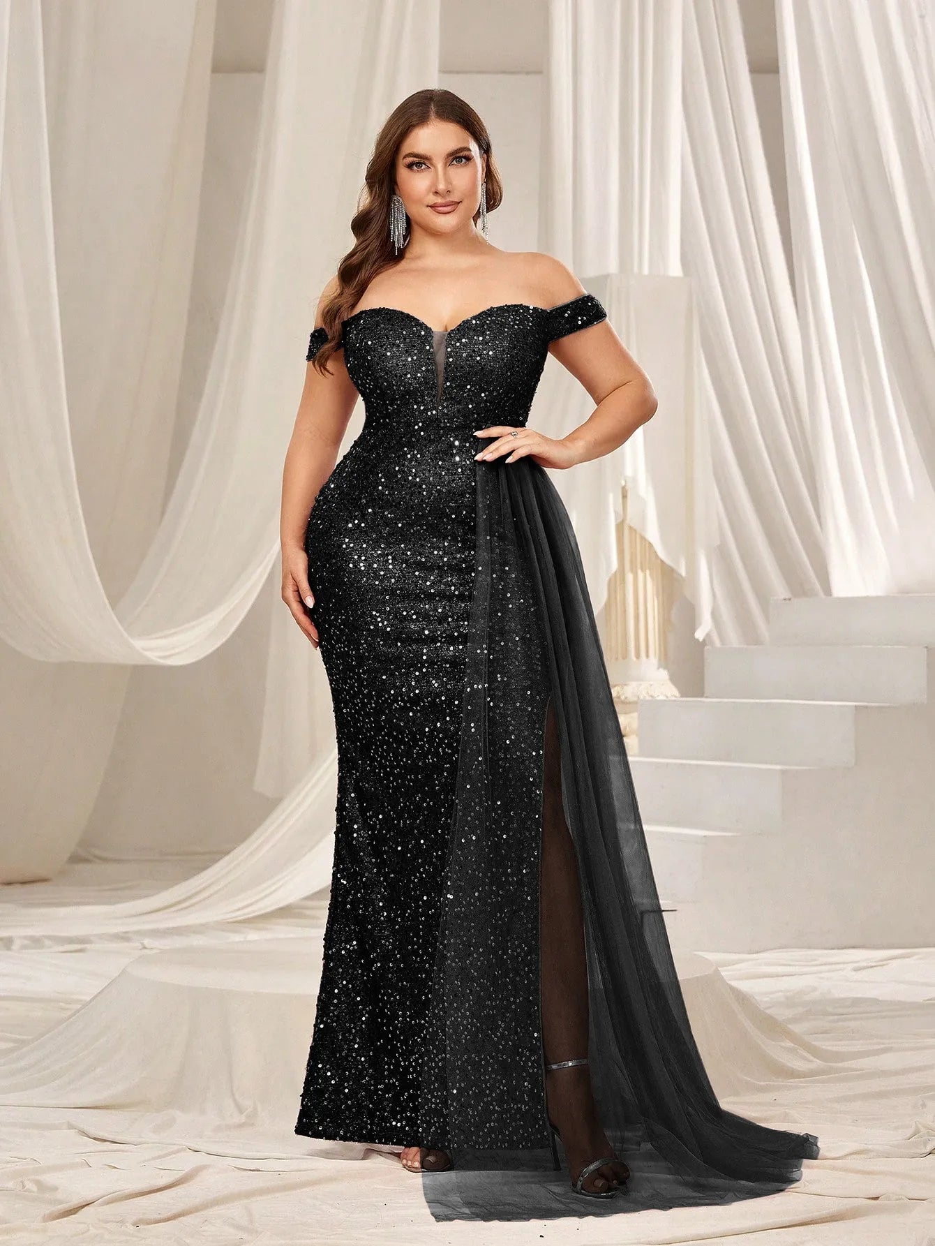 Plus Elegant Off Shoulder Split Thigh Sequin Formal Dress