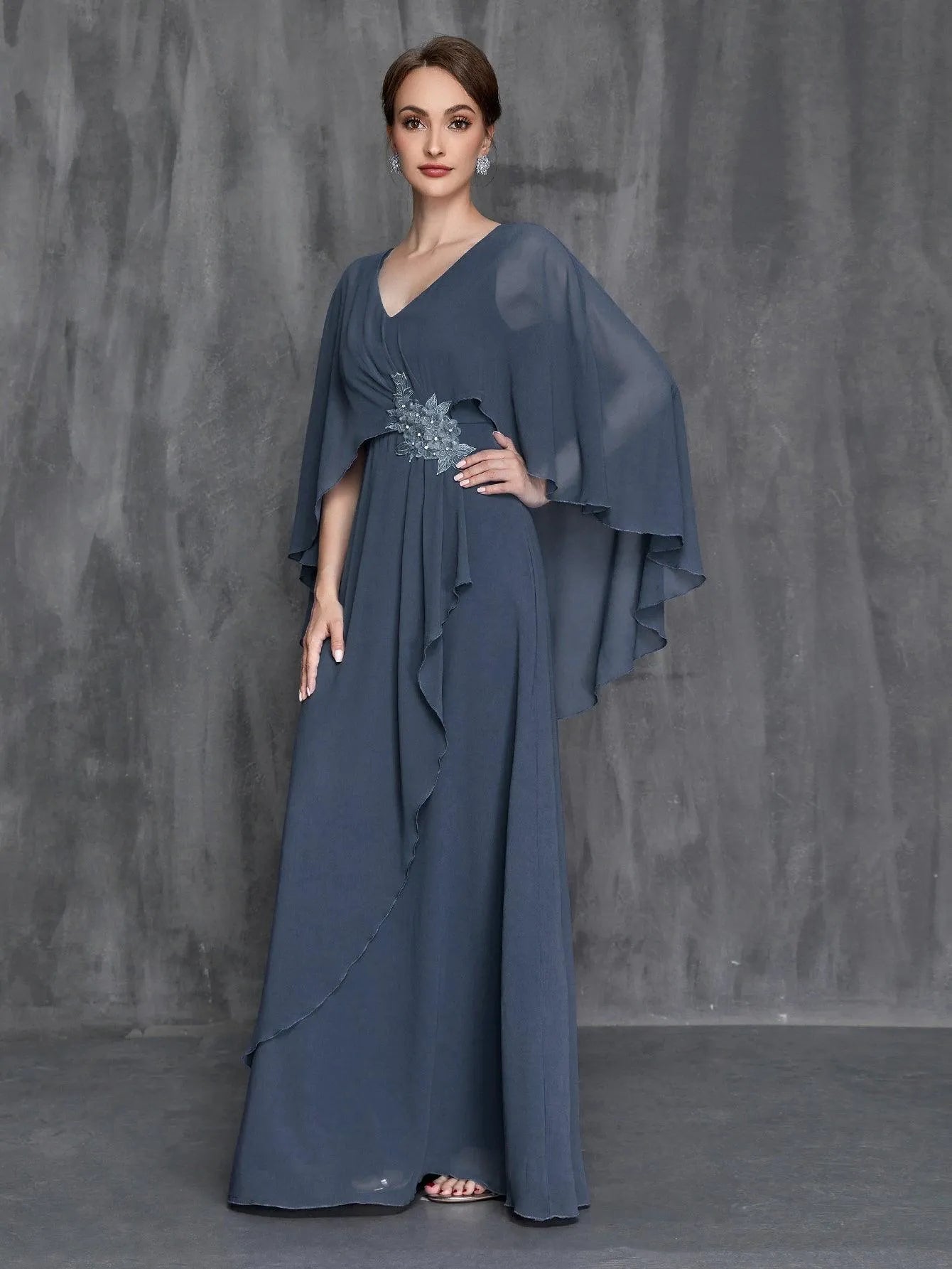 Womens' Applique Detail Chiffon Cape Dress - Elonnashop