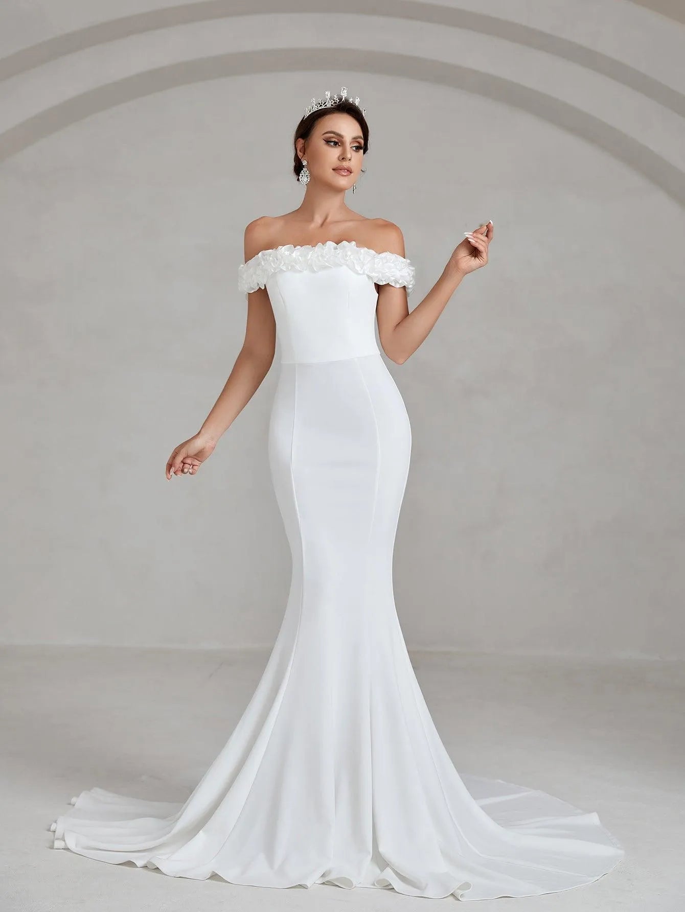 Ruffle Trim Off Shoulder Mermaid Hem Wedding Dress - Elonnashop