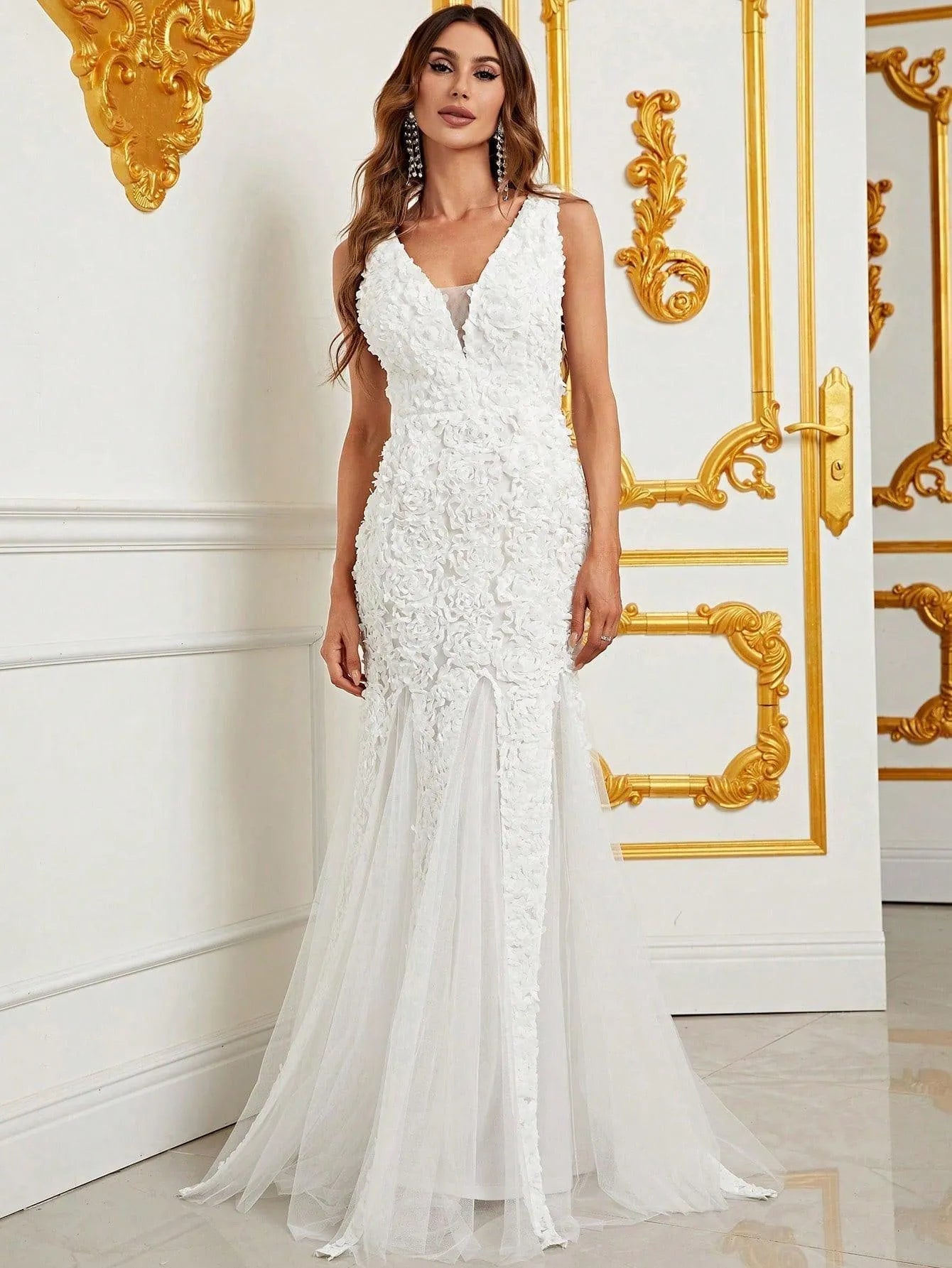 V-Neck Gown with Floral Appliqué Overlay - Elonnashop