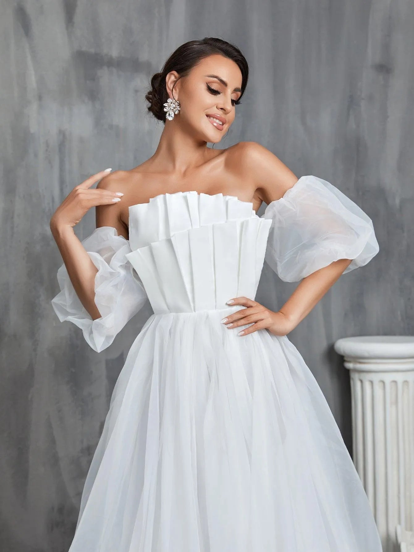 Off Shoulder Pleated Front Puff Sleeve Wedding Dresses - Elonnashop