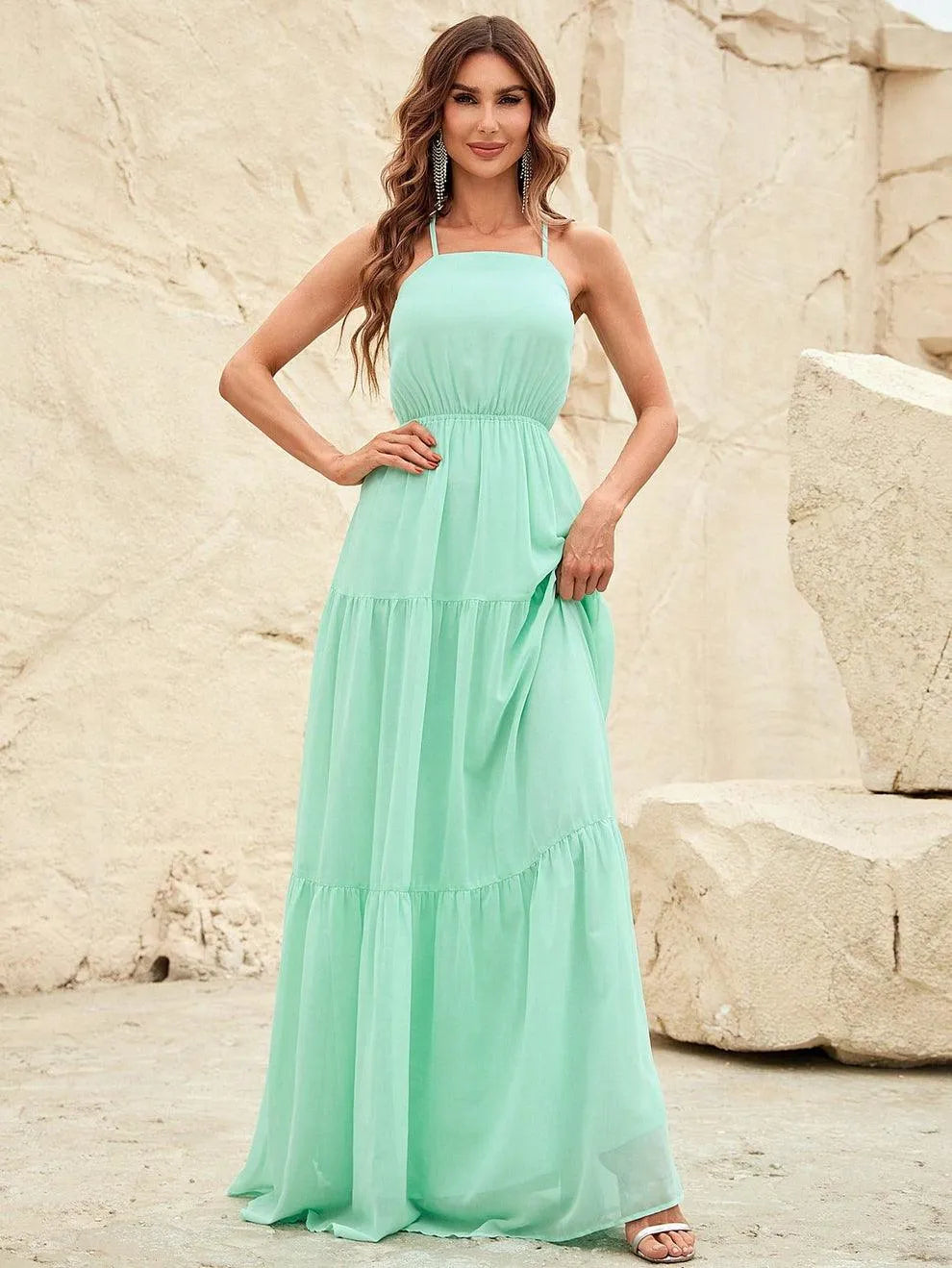 Back Lace Up Chiffon Tiered Maxi Dress - Elonnashop