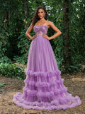 Gorgeous Floral Sequin Bodice Cascading Ruffle Hem Tulle Prom Dress