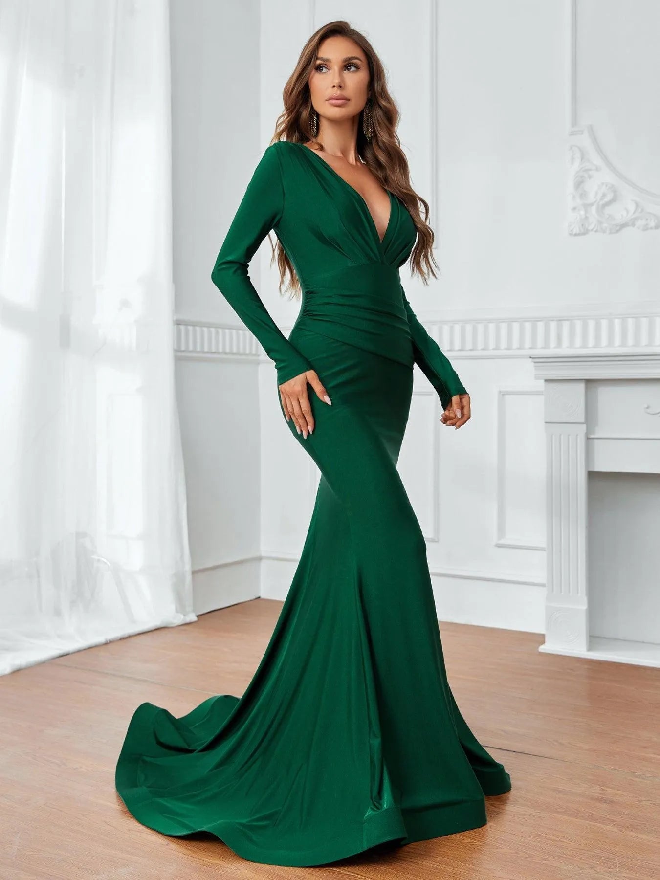 Plunging Neck Backless Mermaid Hem Formal Dress - Elonnashop