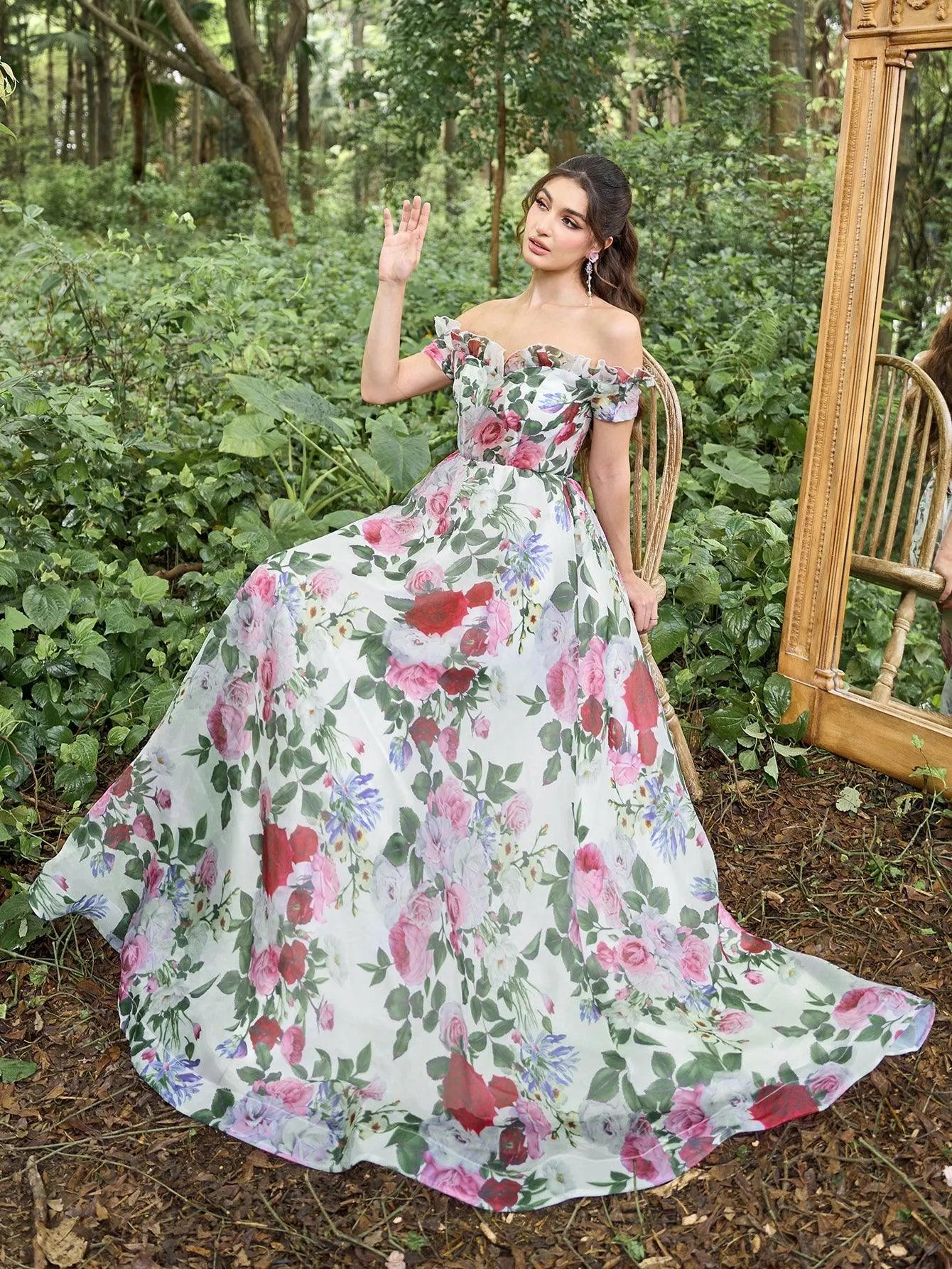 Elegant Floral Organza Ruffle Trim Off Shoulder Prom Dress - Elonnashop