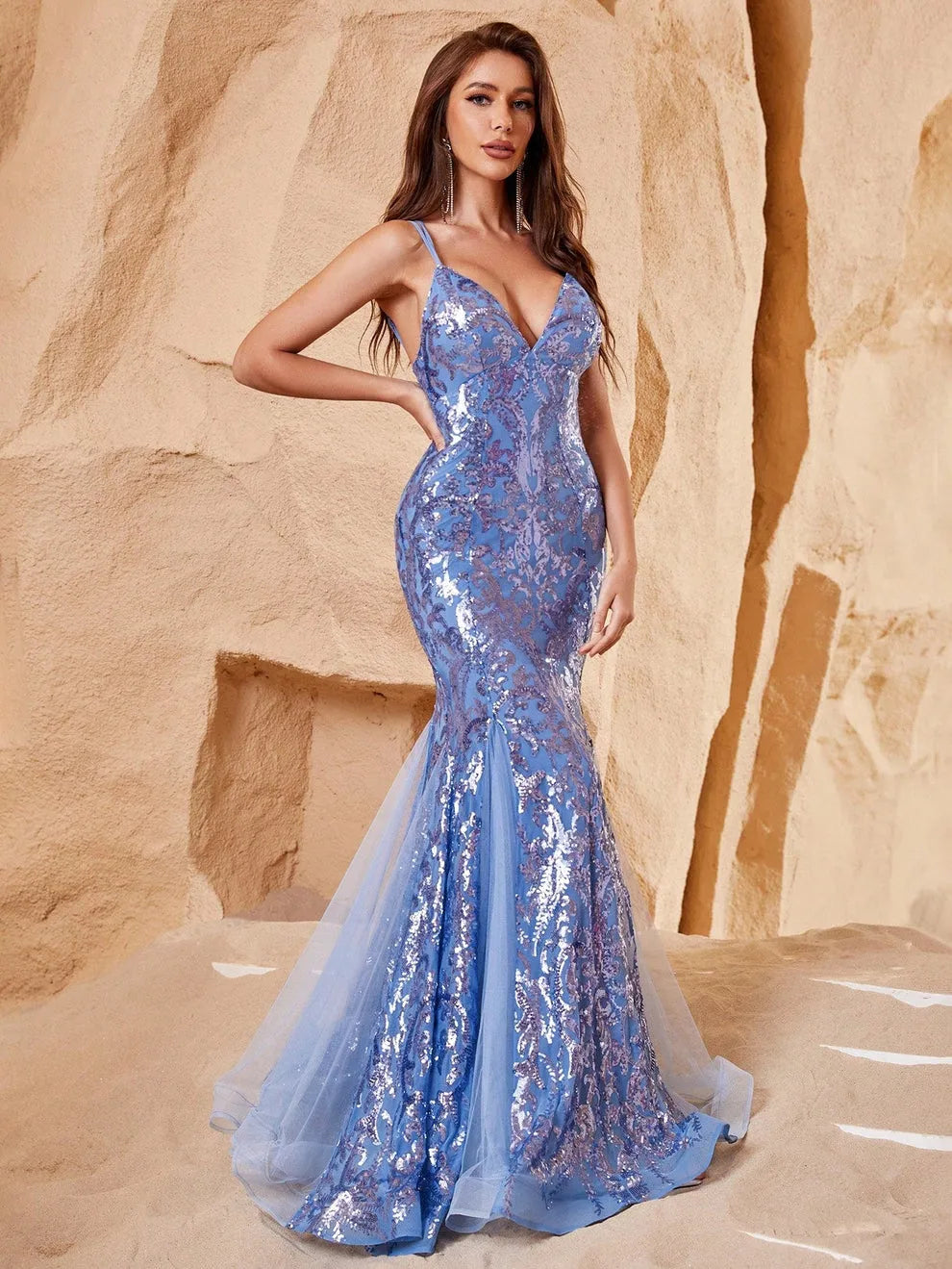 Stylish Lace-up Back Mermaid Hem Sequin Party Dress