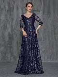 Womens' 3/4 Sleeves Floral Sequin Pattern Formal Dress - Elonnashop