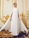 Mock Neck Pleated Chiffon Dress With Cape - Elonnashop