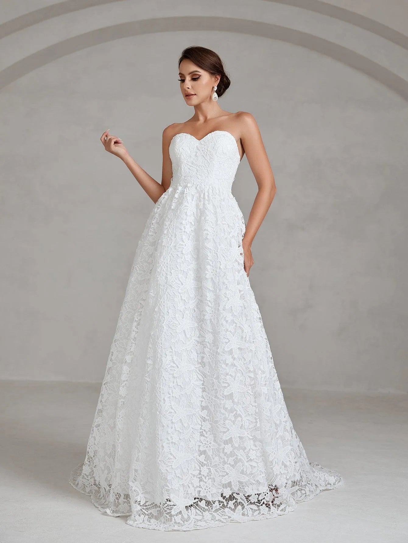 Elegant Lace Overlay Tube Wedding Dress - Elonnashop