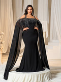 Plus Rhinestone Detail Cold Shoulder Cloak Sleeves Mermaid Hem Formal Dress Evening Dress