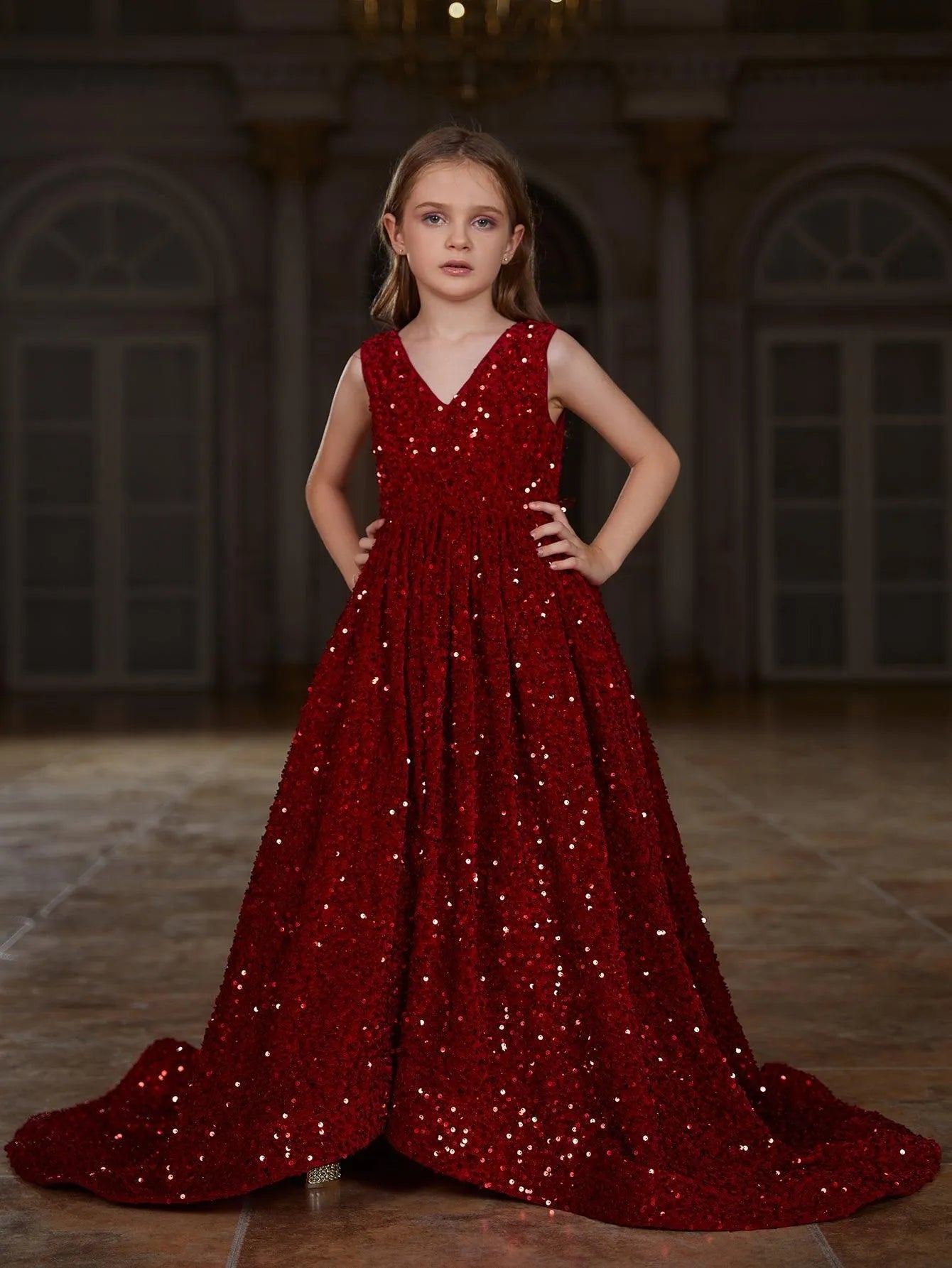 Tween Girls' V Neck Sleeveless Sequin Tail Dress With Bow - Elonnashop