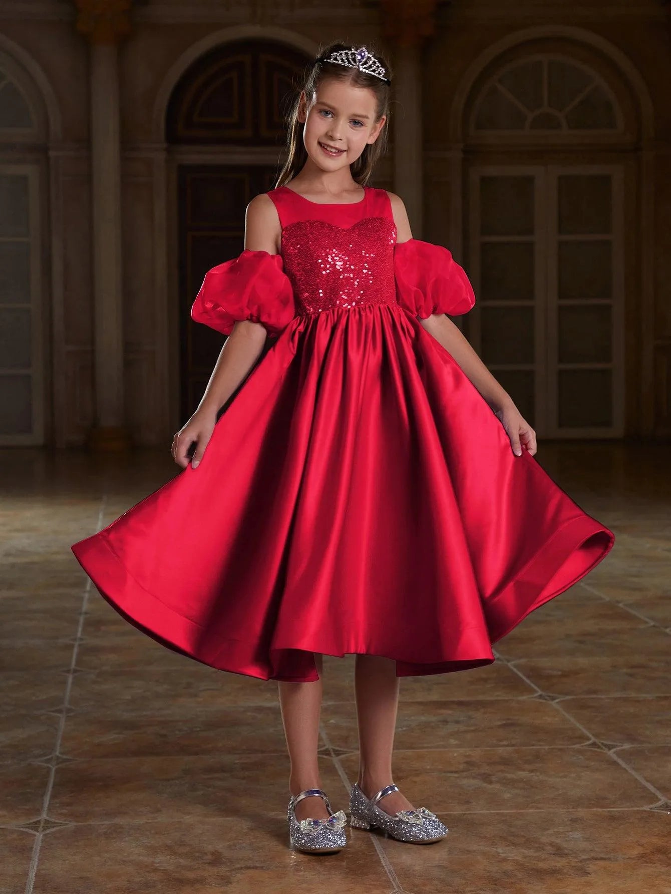 Tween Girls' Puff Sleeve Sequin Contrast Satin Dress - Elonnashop