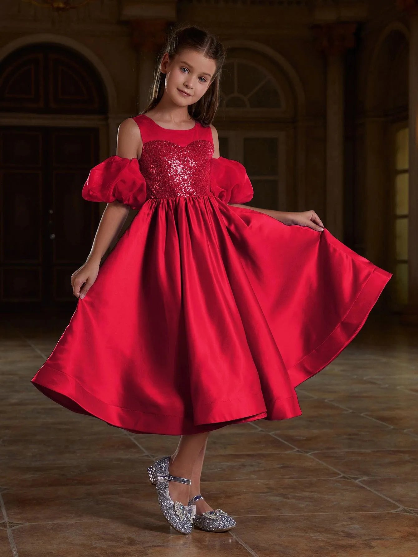 Tween Girls' Puff Sleeve Sequin Contrast Satin Dress - Elonnashop