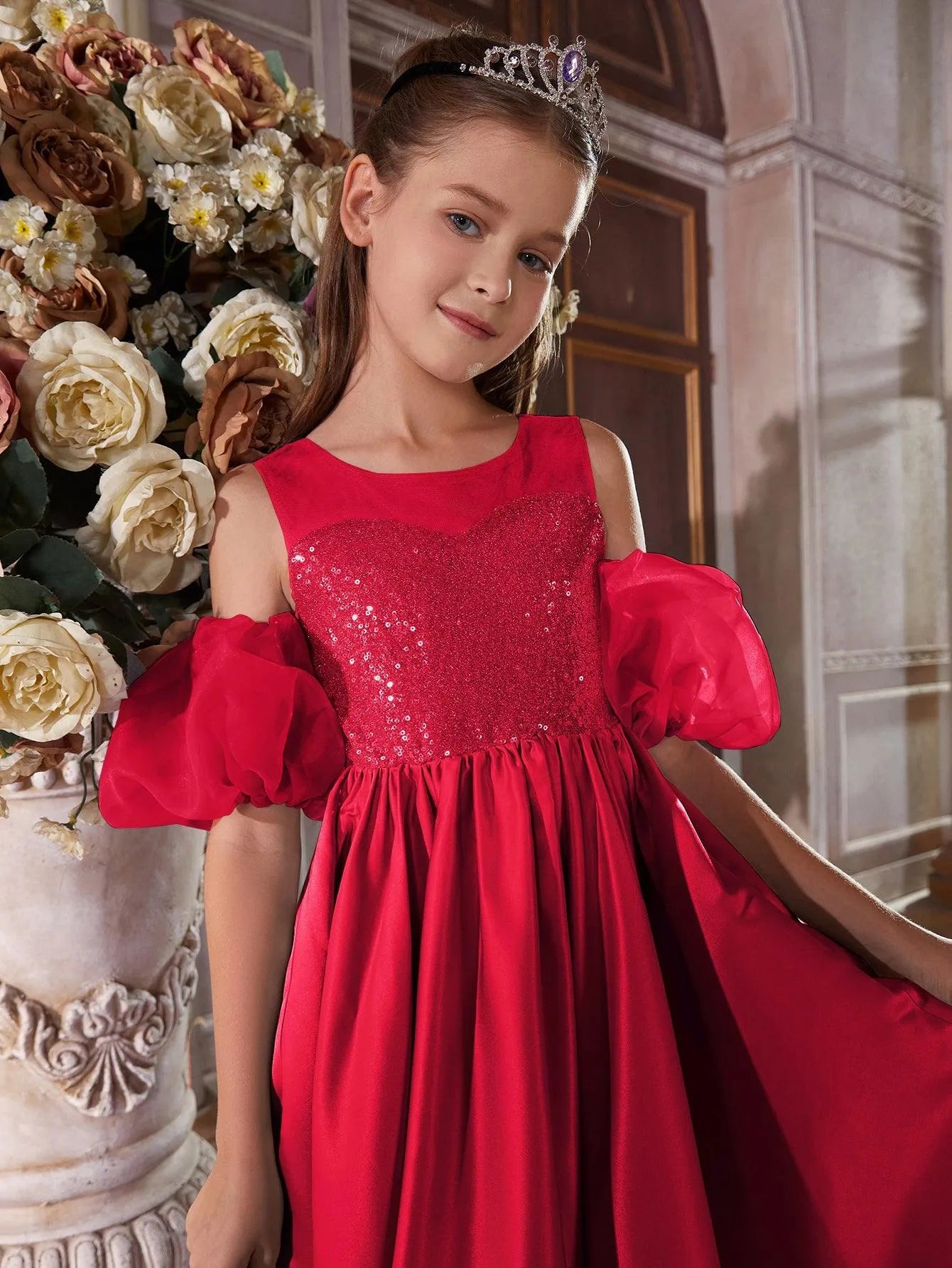 Tween Girls' Puff Sleeve Sequin Contrast Satin Dress - Elonnashop