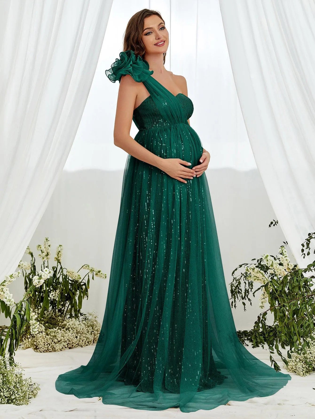 Maternity One Shoulder Contrast Mesh Sequin Formal Dress - Elonnashop