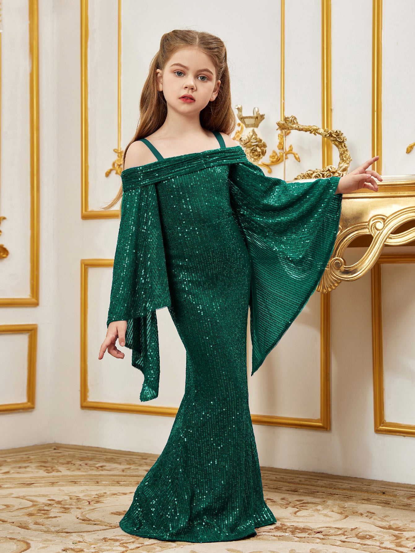 Tween Girls' Cold Shoulder Flare Sleeves Mermaid Hem Sequin Party Dress