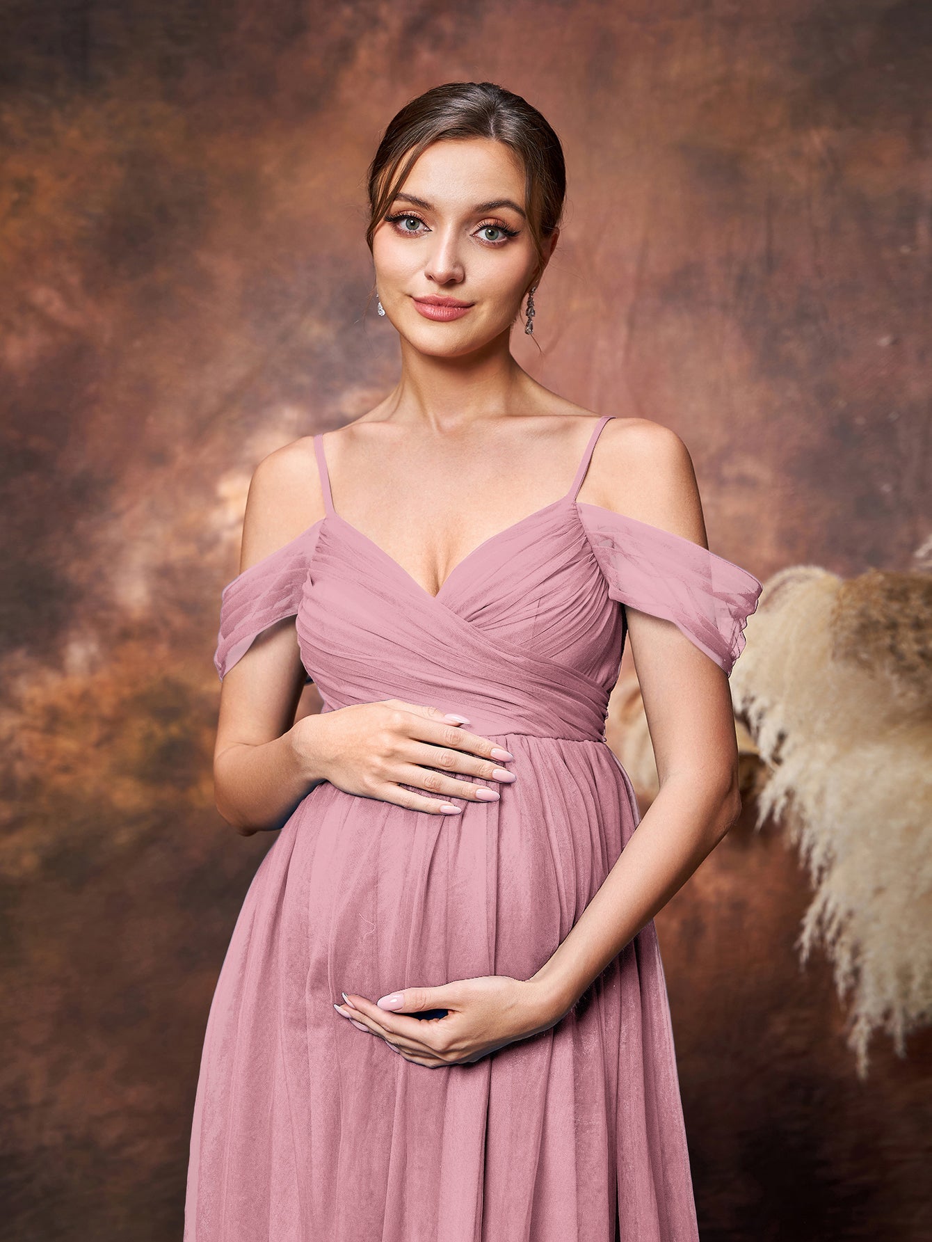 Maternity Cold Shoulder Ruched Bust Tulle Cami Party Dress