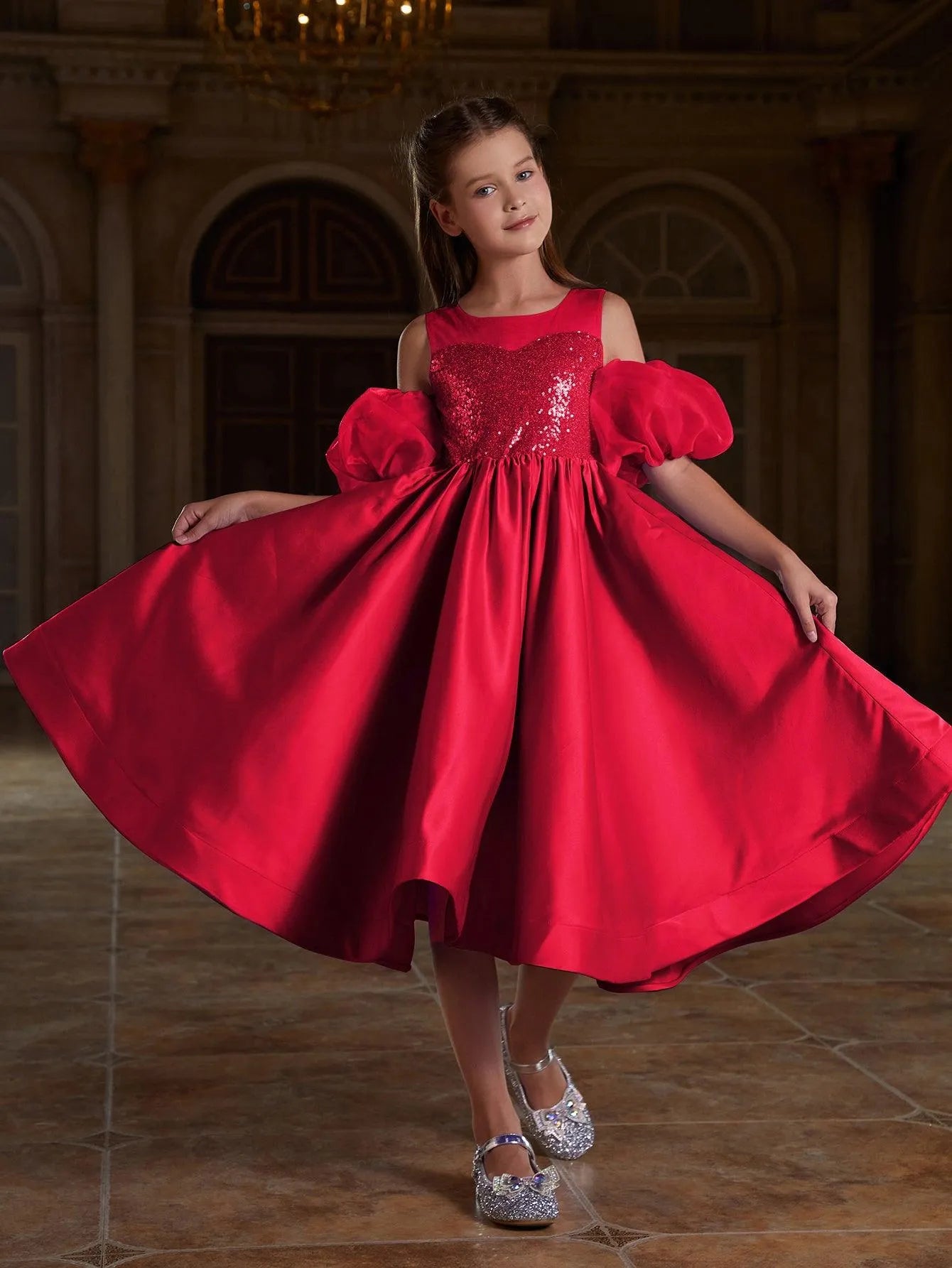 Tween Girls' Puff Sleeve Sequin Contrast Satin Dress - Elonnashop