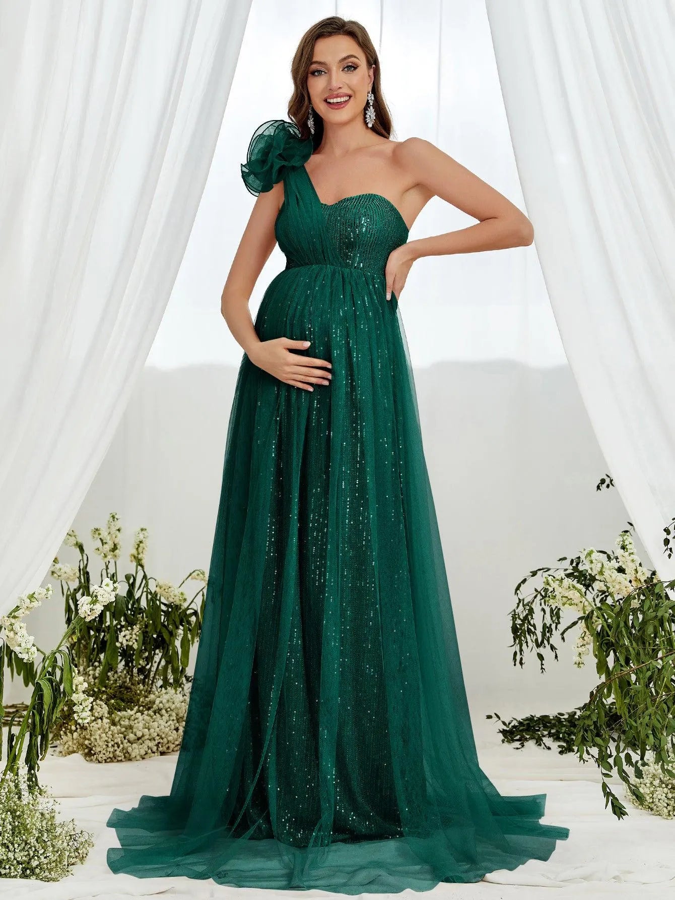 Maternity One Shoulder Contrast Mesh Sequin Formal Dress - Elonnashop