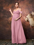 Maternity Cold Shoulder Ruched Bust Tulle Cami Party Dress