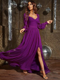 Sweetheart Neckline Backless Long Sleeve Chiffon A line Dress - Elonnashop